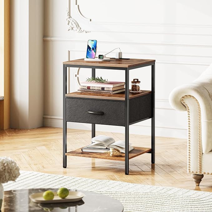 SUPERJARE Nightstand with Charging Station, USB-C Port, Bedside Table | 27.7 Inch Tall Nightstand with Adjustable Fabric Drawer, Large Dresser for Bedroom, Living Room, Rustic Brown & Black