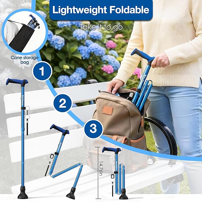 Walking Cane for Men & Women,Foldable,Adjustable,Self Standing Cane with Wrist Strap&Tag,350lbs Heavy Duty,All Terrain,Collapsible Walking Sticks for Seniors & Adults,Blue