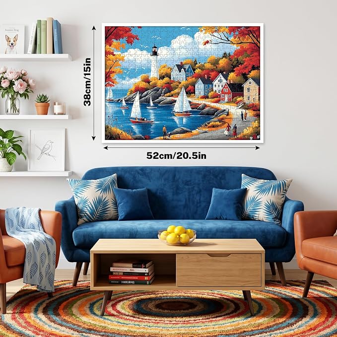 500 Piece Puzzle for Adults, Autumn Coastal Lighthouse Jigsaw Puzzle, Sailboat Harbor Village Landscape, 500 Pieces Puzzles for Adults with Letters on Back, Fall Scene Gift 20.5 x 15 in