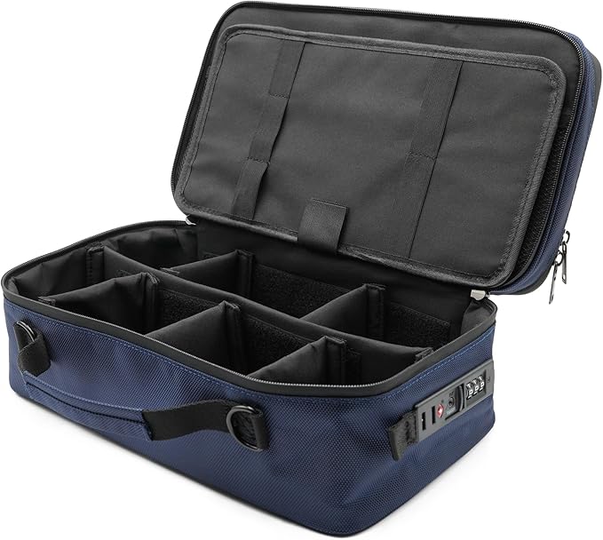 Large Storage Case with TSA Combination Lock Bag, Portable Carbon Lined, XL Medicine Lockable Box for Travel & Home Secured Box Organizer Divider Jars Accessories, Removable Tray (Blue)