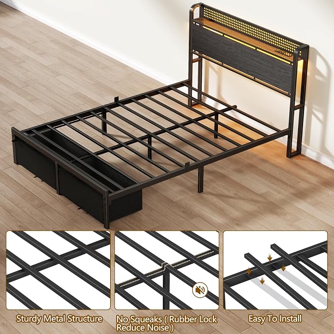 Full Size Bed Frame with Headboard, Charging Station, 2 Drawers | 2-Tier Wood Shelves,LED Lights,1200 Lbs Capacity,USB & Type-C Ports,No Box Spring Needed,Noise Free,Easy Assembly,Rustic Grey