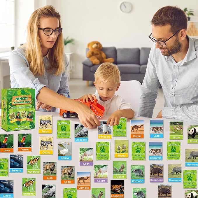 gisgfim 100 PCS Memory Matching Games Spanish English Bilingual Animal Memory Matching Games Educational Game for Kids and Adults A Fun & Fast Animal Game Toddlers Preschool Family Board Gift