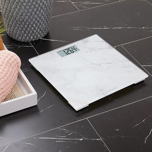 Taylor Digital Bathroom Scale for Body Weight, Glass Platform with Marble Design, 400 lb Capacity, Large Easy-Read Display, Precise Weight Tracking