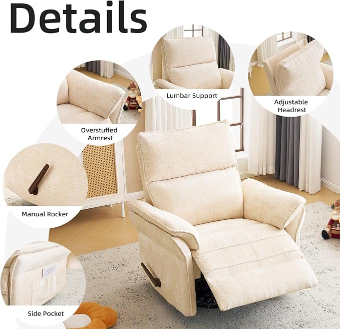 Oversized Recliner Chair, 24" Extra Wide 360° Swivel Rocker Recliner with Adjustable Headrest, Chenille Glider Rocking Nursery Chair with Overstuffed Armrest, Lumbar Support, Beige