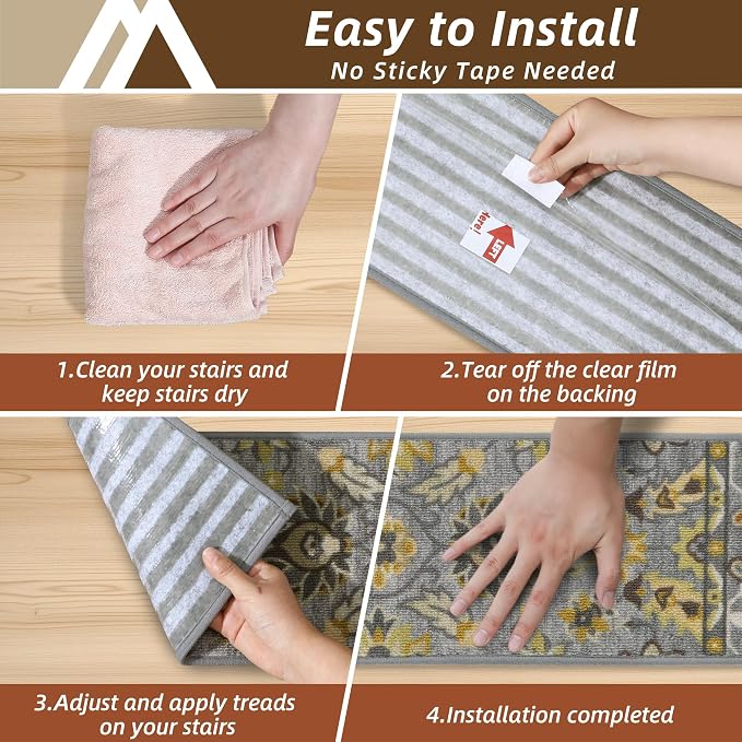 COSY HOMEER Stair Treads for Wooden Steps Non Slip Washable 8" X 30" 4pcs | Self Adhesive,Peel and Stick,Soft Carpet Stair Treads for Kids,Elder,Pet,Residue Free,Reusable Stair Runner,Multi-Surface Use