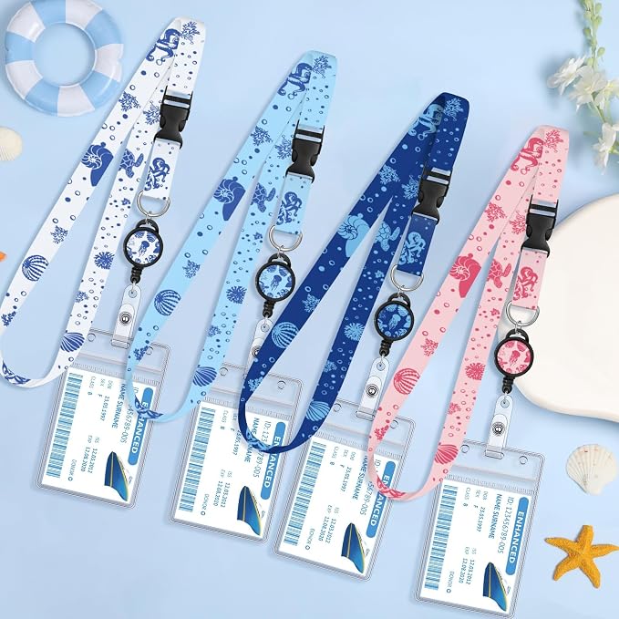 HONSIO 4 Pack Cruise Lanyard for Ship Cards, Cruise Essentials 2026, Ocean | Detachable, Retractable Badge Reels & Waterproof ID Badge Holders, Cruise Must Have for Carnival, Royal Caribbean, NCL