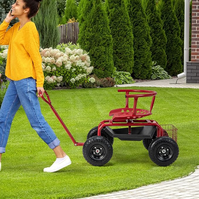 Garden Cart with Seat, Heavy-Duty Rolling Wagon Scooter with Wheels, Height Adjustable & 360° Swivel Seat, Storage Tray, Basket & Handle, Outdoor Gardening Work Seat for Patio Yard(Green)