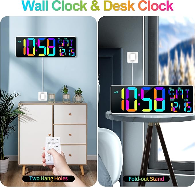 17.2" Large Digital Wall Clock 10 RGB Colors 9 Group Timer Remote Control | Large Display for Living Room Classroom Garage LED Wall Clock with Temperature Date Week Auto DST Gift for Senior Mom Dad