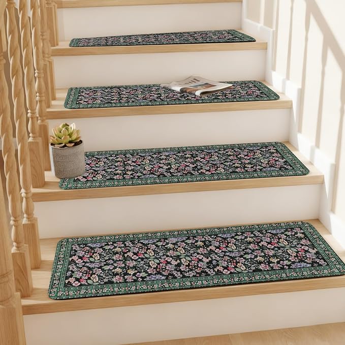 Vintage Floral Stair Treads Non Slip Carpet Stair Treads for Wooden Steps Indoor 15PCS 30"x8" Stair Runner Stair Mats Safety Staircase Step Treads for Elders Kids Dogs Dark Green