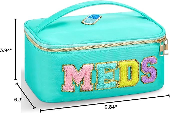 Geetery Clear Makeup Bag Chenille Letter Meds Bag Travel Cases Preppy Patch with Zipper, Portable Cosmetic Toiletry Storage case for Women(Meds,Green)