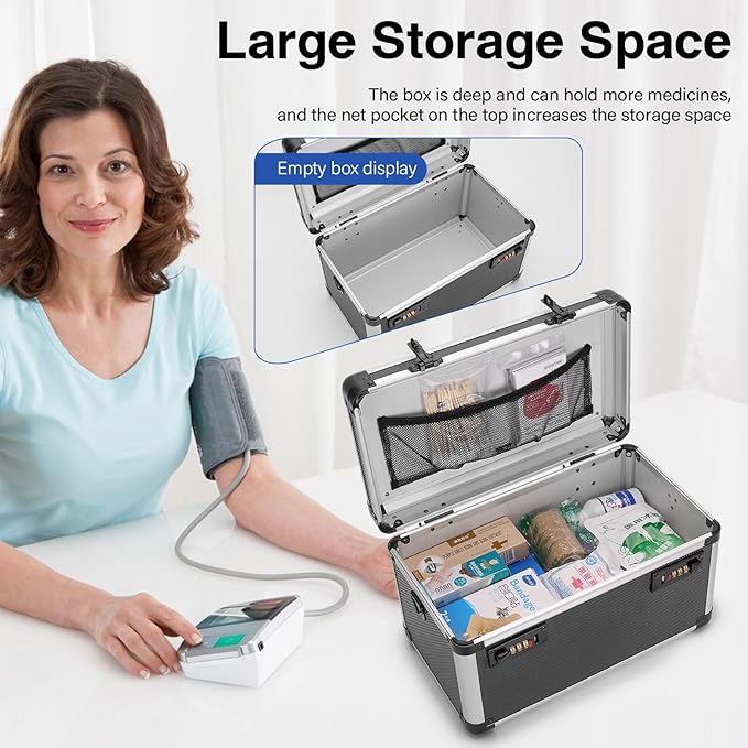 Medicine Lock Box With Combination Lock - 15 x 8.7 x 9.4 Inches - First Aid Safe Medication Storage Box, Medications and Personal Items, Safe Boxes for Home and Outdoor - Tactical Black