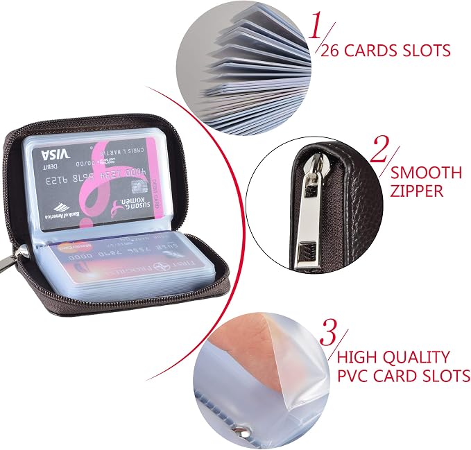 Easyoulife Genuine Leather Credit Card Holder Zipper Wallet With 26 Card Slots