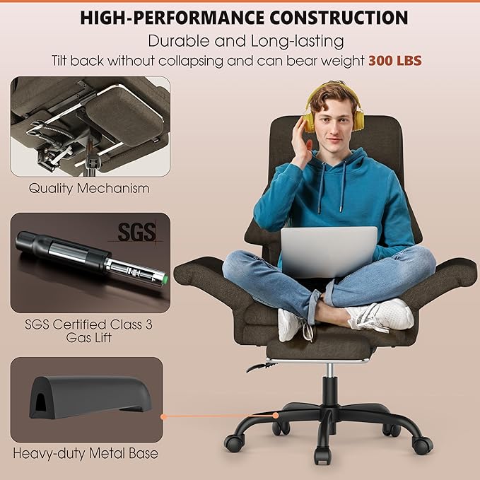 ELABEST C39 Cross Legged Office Chair with Footrest & Convertible Armrests-Pet-Friendly Criss Cross Home Desk Chair, Ergonomic Recliner with Lumbar Pillow,Big and Tall Executive Chair