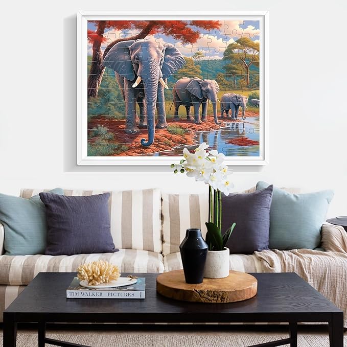 100 Piece Big Piece Jigsaw Puzzle for Seniors Elephant Forest Dementia Large Piece Puzzles for Seniors- Alzheimer's Activity for Adults Puzzle- Best Memory Game for Patiens in Nursing Home 15" x 19"