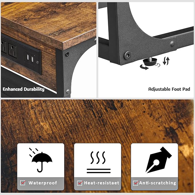 TUTOTAK C Shaped End Table with Charging Station, Side Table for Sofa | Couch Table with Storage Bag, TV Tray with 2 USB Ports and Outlets, Living Room and Bedroom, Brown TB01BB024