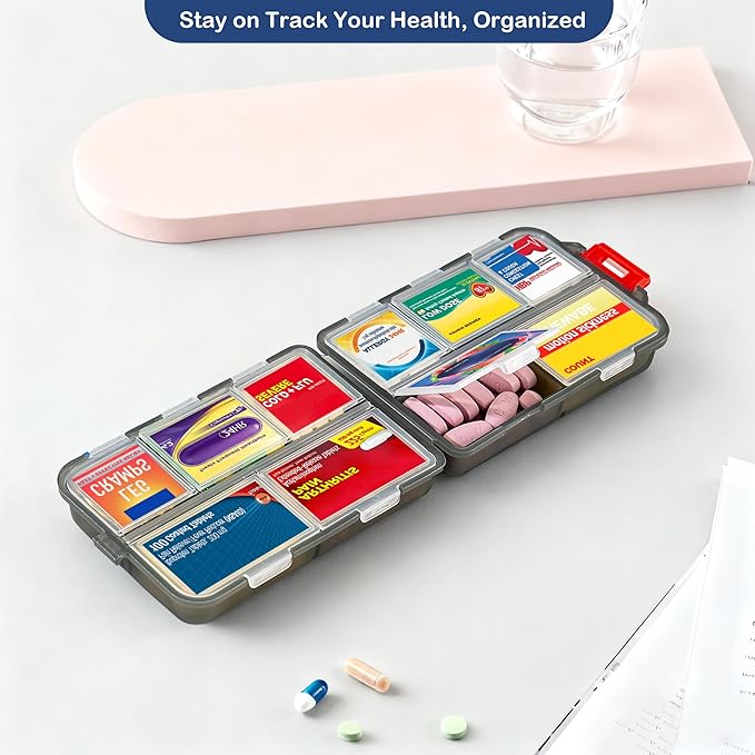 2026 New Extra Large Pill Box with Medicine Labels Travel Essentials Daily Med Container Mini Medication Organizer Storage Organizer Case 7 Day Pill Organizer(Grey)