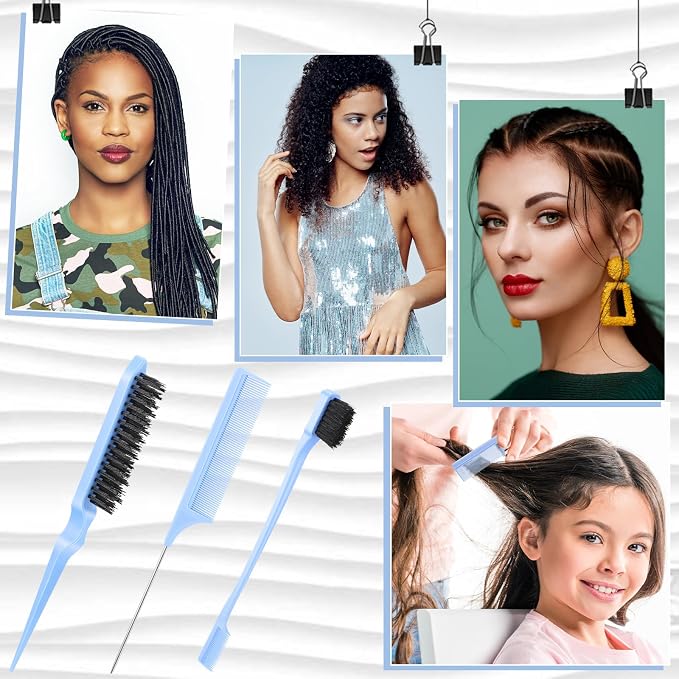 Geiserailie 3 Pcs Slick Back Hair Brush Set Bristle Brush Edge Control Teasing Comb for Women Black Hair(Light Blue)