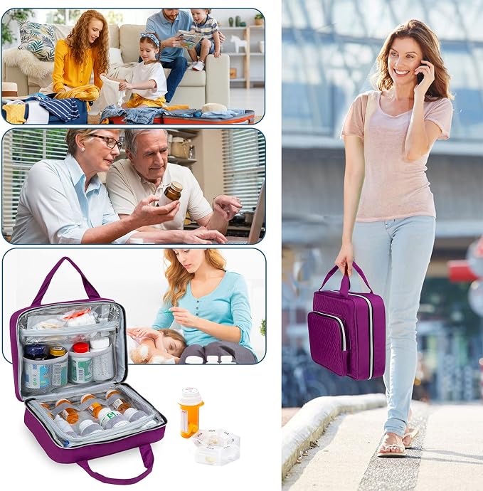 BAGSFY Medicine Bag for Traveling, Pill Bottle Organizer Storage, Large Medication Travel Case, Pills Box for Vitamin, First Aid Kit Bags Empty. (Comes with Weekly Pill Organizer)