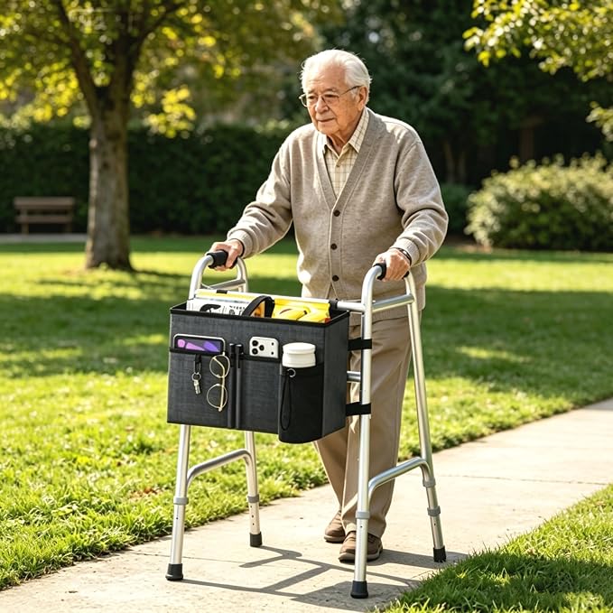 2026 Upgraded Walker Basket with Cup Holder Foldable Bag Tray Gray | Heavy-Duty Oxford Fabric, Walker Accessories for Seniors, Walker Storage Pouch Organizer, Large Capacity