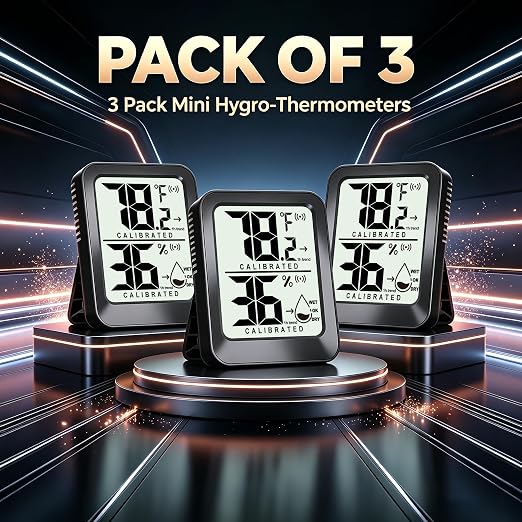 AyayaBoss 3 Pack Room Thermometer Indoor Hygrometer | Mini Size, Monitor Temperature & Humidity, Accurate Fast Read, Easy To View, Kickstand/Hanging/Wall Adhesive, ℉/℃, w/ Battery