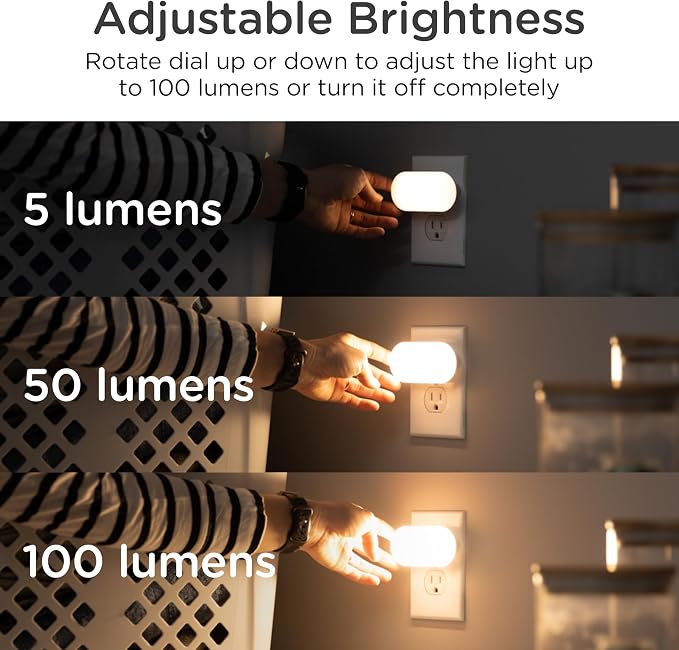 Lights By Night Bright LED Night Light Plugs Into Wall with Dusk to Dawn Sensor, Adjustable & Dimmable Up to 100 Lumens, Compact Nightlight for Bedroom Bathroom Hallway Kitchen Nursery, 2-Pack