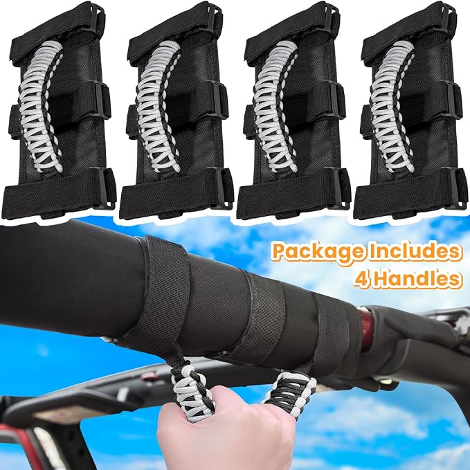 4 x Roll Bar Grab Handles Grip Handle for Jeep Wrangler JK JKU JL JLU TJ YJ Sports Sahara Freedom Rubicon Unlimited Gladiator JT 1955-2023 UTV ATV Premium 550 Paracord Interior Accessories (Gray)