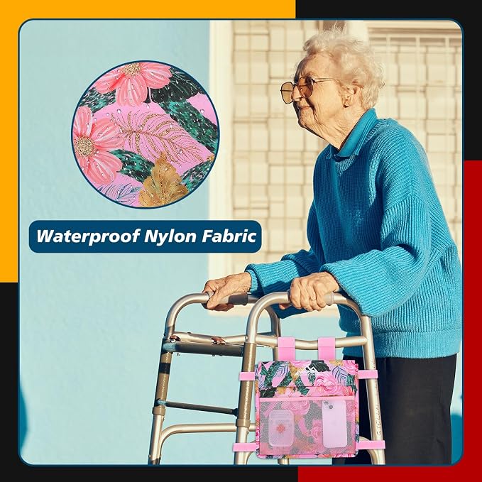 supregear Walker Side Bag, Water Resistant Accessory Basket Pouch for Folding Walkers, Lightweight Hand Free Storage Carrier Tote, Universal Size Seniors Caddy Attachment, Pink Floral