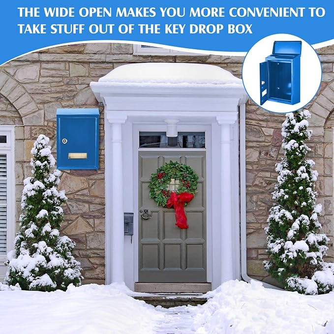 Amylove Weatherproof Mail Boxes with Key Lock, Security Locking Wall Mount Metal Mailbox with Slot for Outside, Large Capacity for Mail, Packages, Donations, Voting 11.8" H x 8.3" L x 2.8" W, Blue