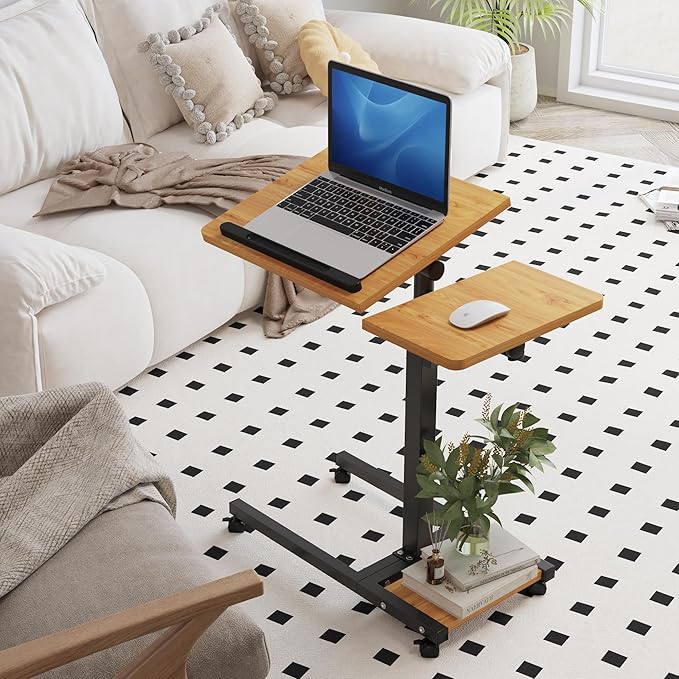 Mobile Height Adjustable Laptop Desk with Mouse Pad, Portable Laptop Desk Rolling Tiltable Table with Small Side Table for Couch,Rolling Computer Stand