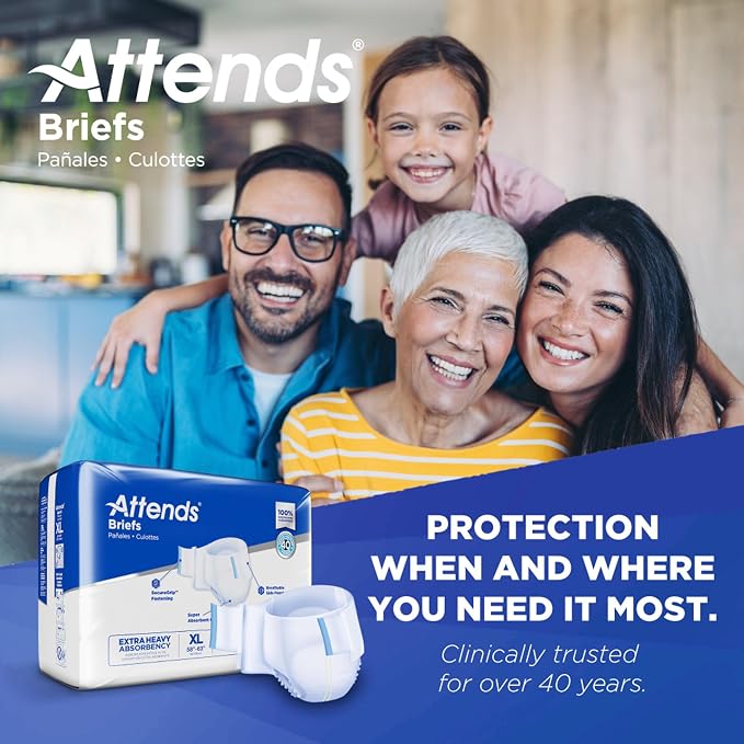 Attends Adult Incontinence Disposable Briefs, X-Large, 58"-63" Waist with SecureGrip Tab Closure, Extra Heavy Absorbency with Super Absorbent Core and Breathable Side Panels, 20ct Bag