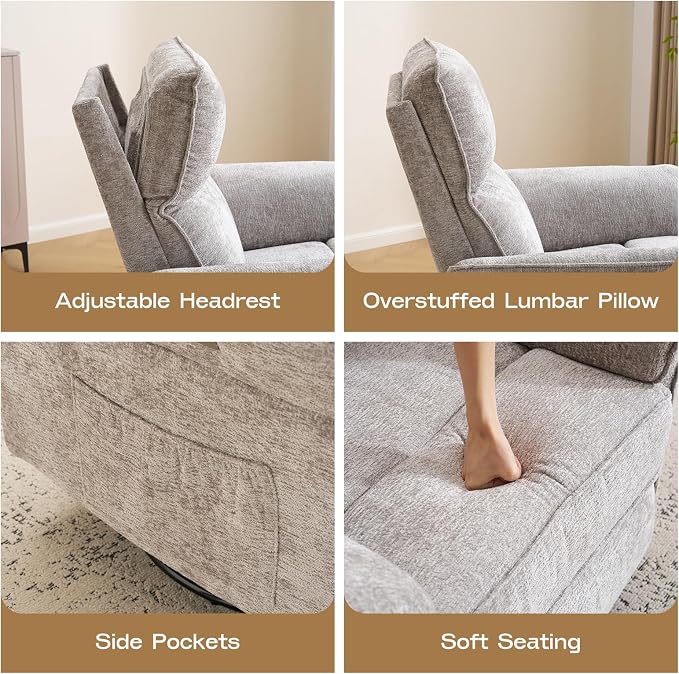 Power Nursery Recliner with Auto Rocking,Oversized Swivel Rocker Recliner with Massage and Heat,Glider Recliner Nursery Chair with Adjustable Headrest for Living Room and Bedroom,Light Grey
