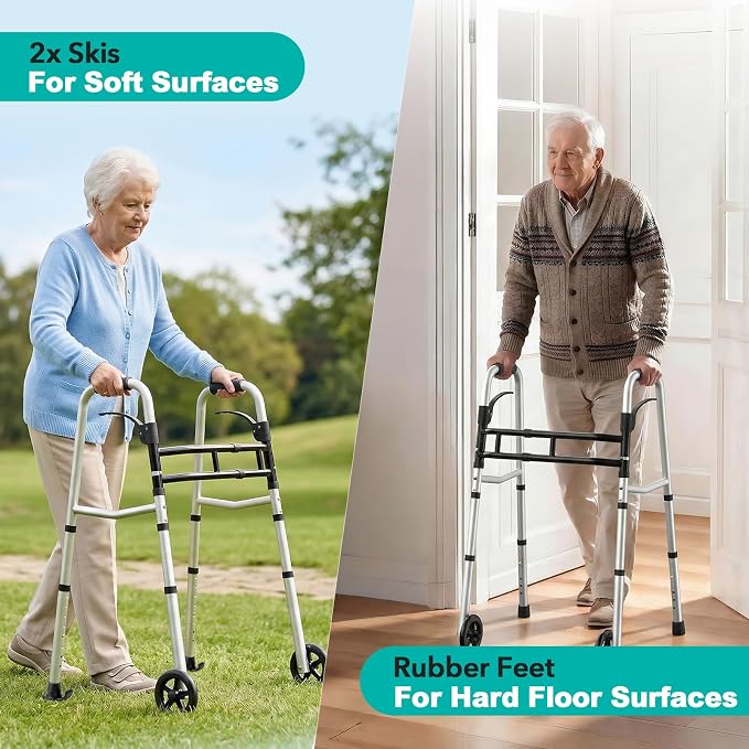 HOMENURSE Narrow Walkers for Seniors, Folding Walker with Skis and 5" Wheels for Small Spaces, Adjustable Width & Height, Aluminum Lightweight Standard Rolling Walker, Support Up to 350lbs, Silver