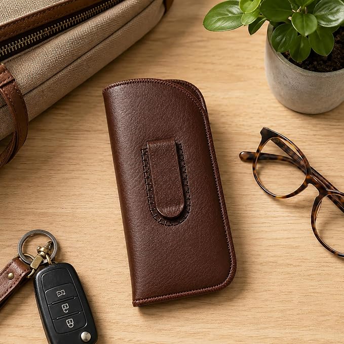 Calabria Slim Eye Glasses Case with Clip Soft PU Leather Brown (3Pack) Men Women Eyeglass Pouch Slip-In Eyewear Sunglasses Bag
