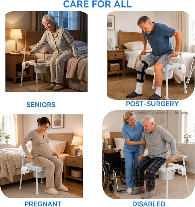 3-in-1 Bedside Commode for Seniors | 350lbs Reinforced Iron, Padded Seat & Arms, Height Adjustable Toilet Rails, Raised Toilet Seat with Bucket & Splash Guard