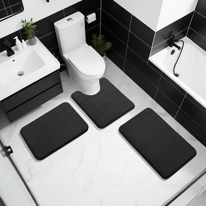 Yimobra Memory Foam Bath Mat, Super Soft Absorbent Bathroom Rug Non Slip 31.5x20 Inch, Quick Dry, Machine Washable Floor Carpet for Tub Shower, Home Decor Accessories, Black