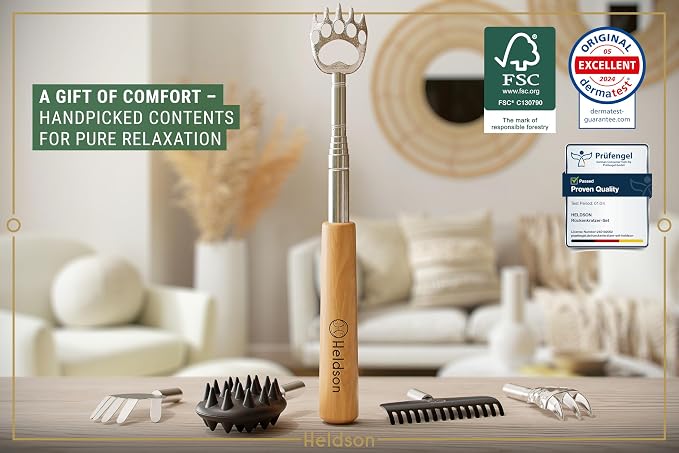 Extendable Back Scratcher for Men & Women – Bear Claw, 5 Heads | Dermatest "excellent", extends up to 29 inches, stainless steel with wooden handle, 5 scratching heads, incl. reflex chart