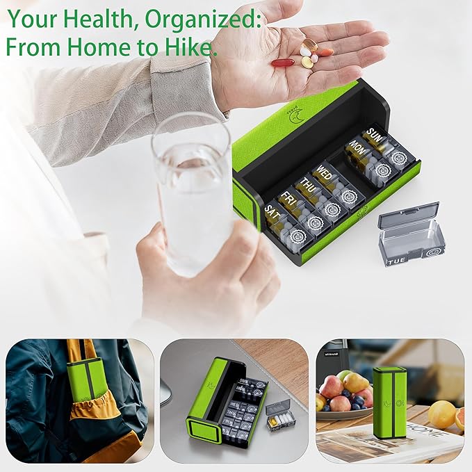 Weekly Pill Organizer 2 Times a Day, 7-Day Large Travel Pill Box 7 Day, Am Pm Twice Daily Pill Case with Removable Compartments, Weekly Vitamin Container for Medicine Supplement (Green)