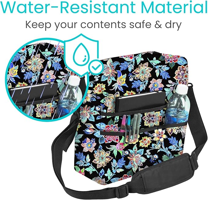 Vive Wheelchair Bag - Machine Washable, Double-Stitched, Water-Resistant Accessory Backpack for Rollators, Wheel Chairs, Walkers - Pouch with XL Pockets & Straps for Quick Installation (Black Floral)