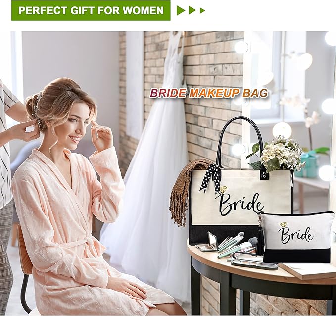 BeeGreen Adventure Canvas Tote Bag for Bride Bridesmaid Bachelorette Engagement Gifts w Leather Handle Bridal Shower Gift for Women with Zipper Pocket Embroidery Monogram Wedding