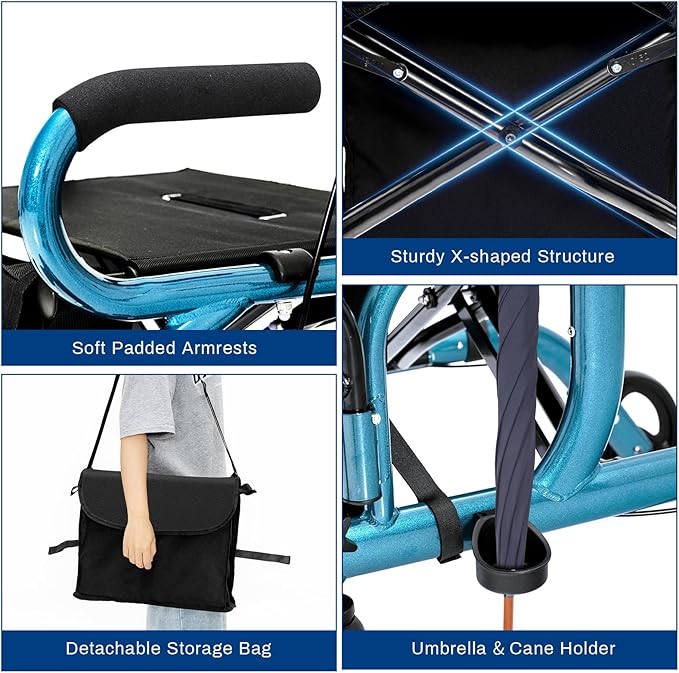 Goplus 2 in 1 Rollator Walker for Seniors, Medical Walker with Seat, Folding Transport Wheelchair Rollator with 8" Wheels, Reversible Backrest, Footrests, Aluminum Mobility Walking Aid (Blue)