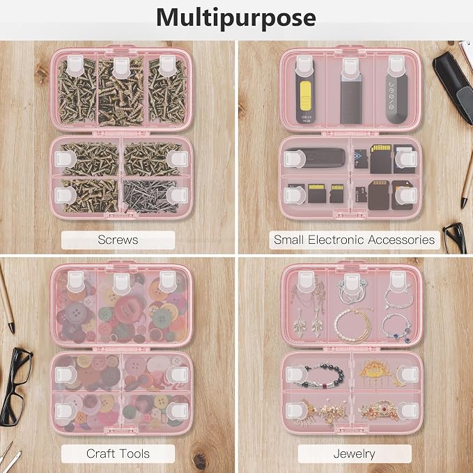 FYY Weekly Pill Organizer with Labels,8 Compartments Travel Daily Pill Case Airtight Moistureproof Large Pill Box to Hold Vitamins, Fish Oil, Supplements,Cotton Swab and Bandages-Pink