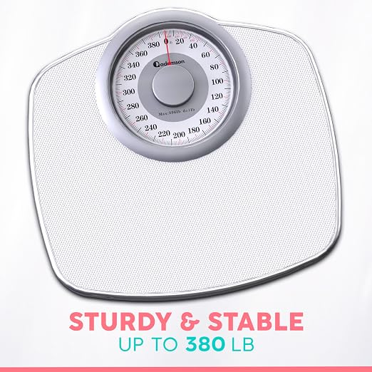 Adamson A25 Scales for Body Weight - Up to 400 LB - 5.3" Dial on 12.4" x 10.2" Platform - Anti-Skid Rubber Surface - High Precision Bathroom Scale Analog - Durable with 20-Year Assurance - Full White