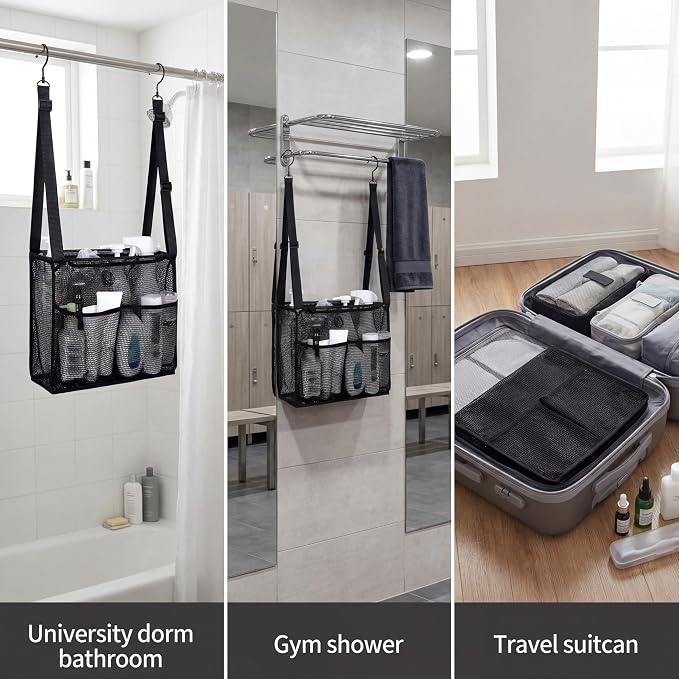 Shower Caddy for Dorm Mesh Organizer with 4 Pockets Hooks | Mesh shower caddy with 4 pockets and hooks, stores toiletries for dorm, gym, RV and bathroom use with easy hanging.