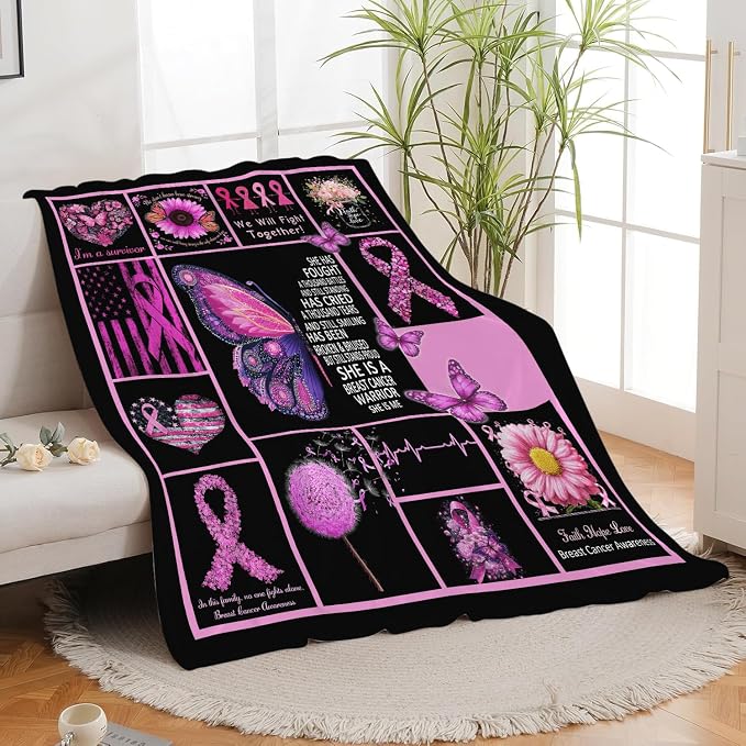 Breast Cancer Awareness Blanket Chemo Pink Ribbon Flannel Plush Throw Blanket Cozy Inspirational Warrior Decor Fleece Stuff Blanket Gifts for Lover Girls Boys Kids Adults Women Bed Travel 50"x60"