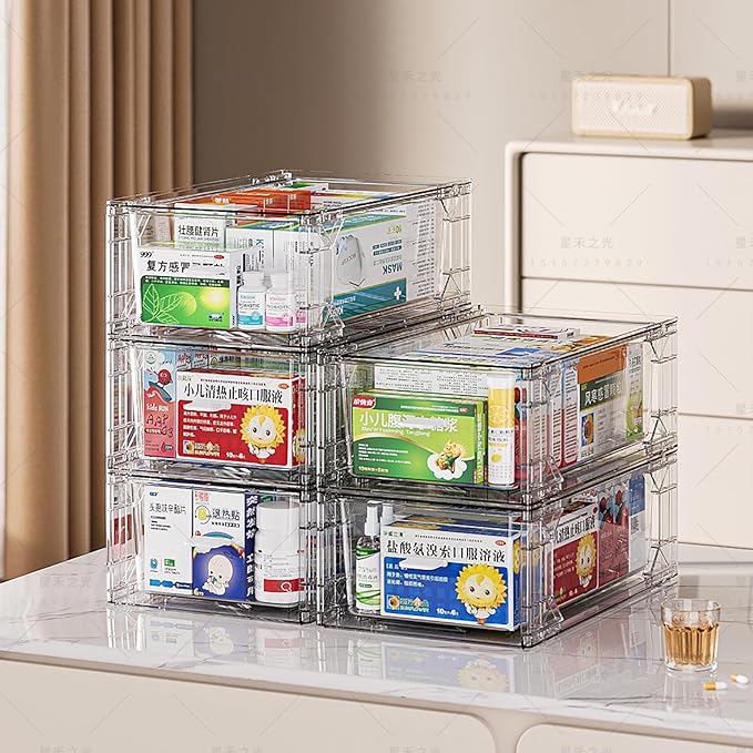 6 Pack Stackable Organizer Drawers, Clear Desk Storage Box,Transparent Drawer in Home, Office and Kitchen Pull Out Organizer Bins for Make Up, Pen, Desktop Stationary (6 Pack)