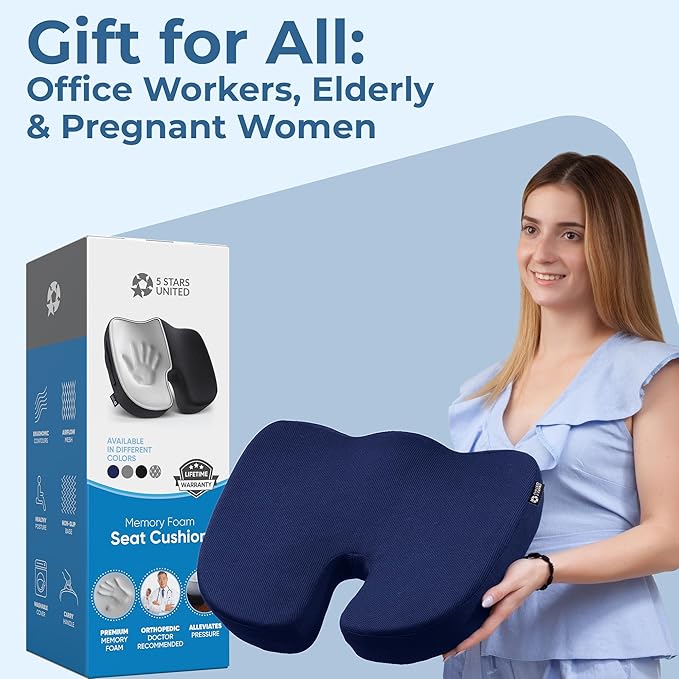 5 STARS UNITED Seat Cushion for Tailbone Pain Relief โ Large Memory Foam Cushion for Coccyx, Hip, Sciatica & Post-Surgery Recovery โ Wheelchair, Car, Desk, Gaming & Office Chairs, Blue