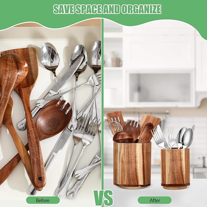 2 Pack Wooden Utensil Holder, 360°Rotating Kitchen Cooking Utensil Crock, Spoon Spatula Holder for Kitchen Counter, Farmhouse Countertop Organizer(Acacia,Square)