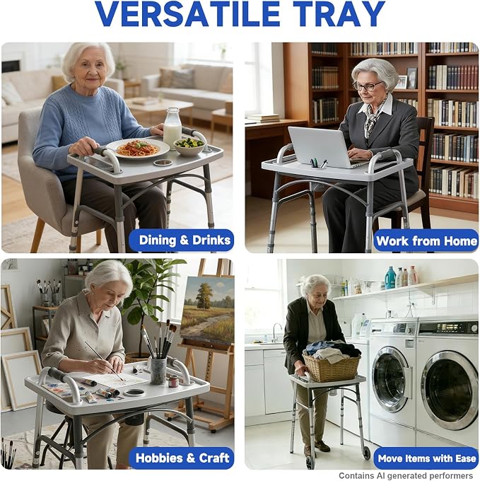Dual Push-Button Folding Walker with Wheels & Removable Food Tray | Adjustable Height Lightweight Walker for Seniors, 350lb Capacity