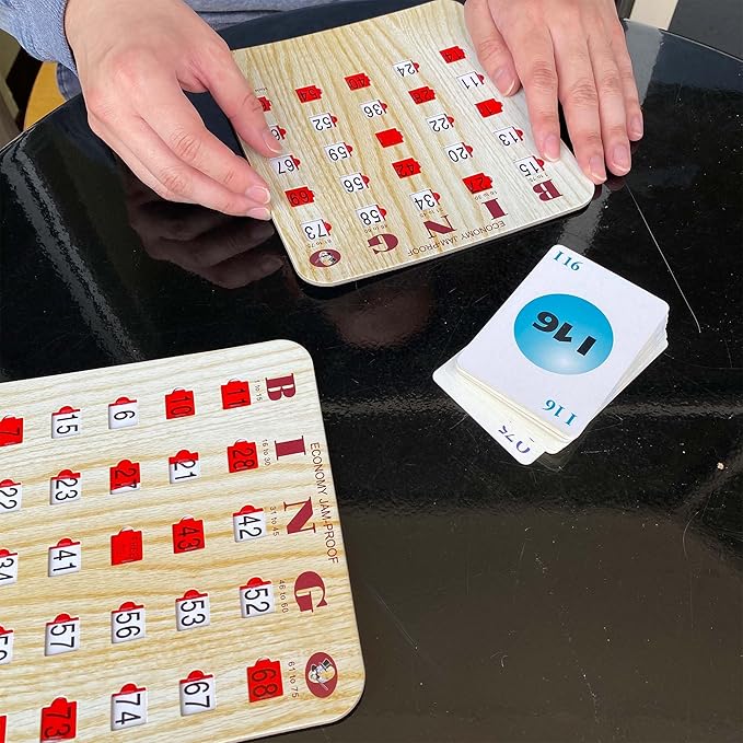 MR CHIPS Jam-Proof Bingo Cards with Sliding Windows, 50 Reusable Shutter Cards, 75 Calling Cards 1 Master Board in Tan Woodgrain Style