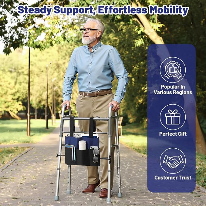 Rhino Valley Walker Bags for Walker Accessories for Seniors,Blue & Black | Walker Basket for Folding with Cup Holder, 7 Pockets with Adjustable Strap Rope,Foldable Walker Accessories for Seniors